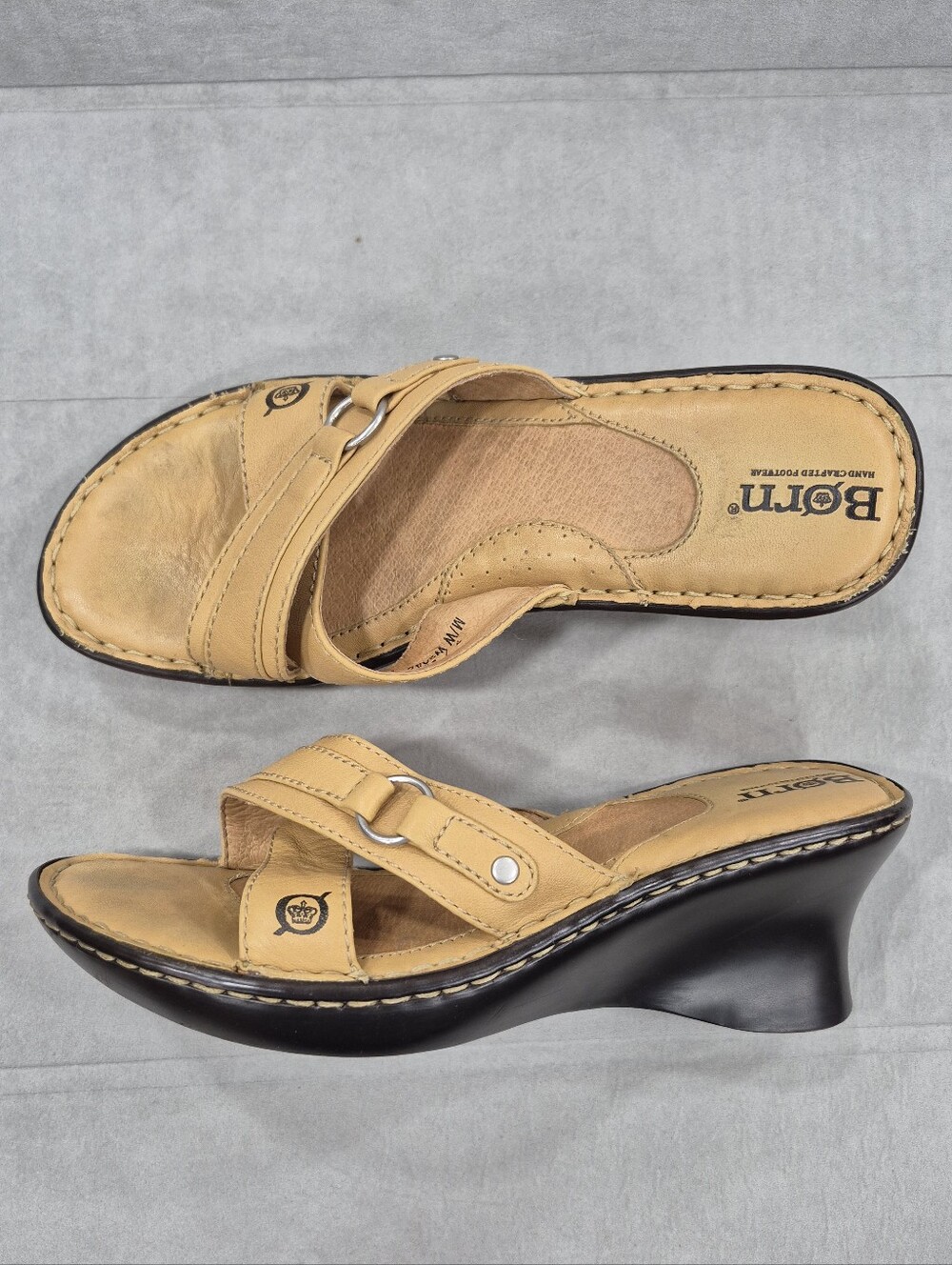 Born slide wedge sandals women's 7M tan leather criss cross buckle detail